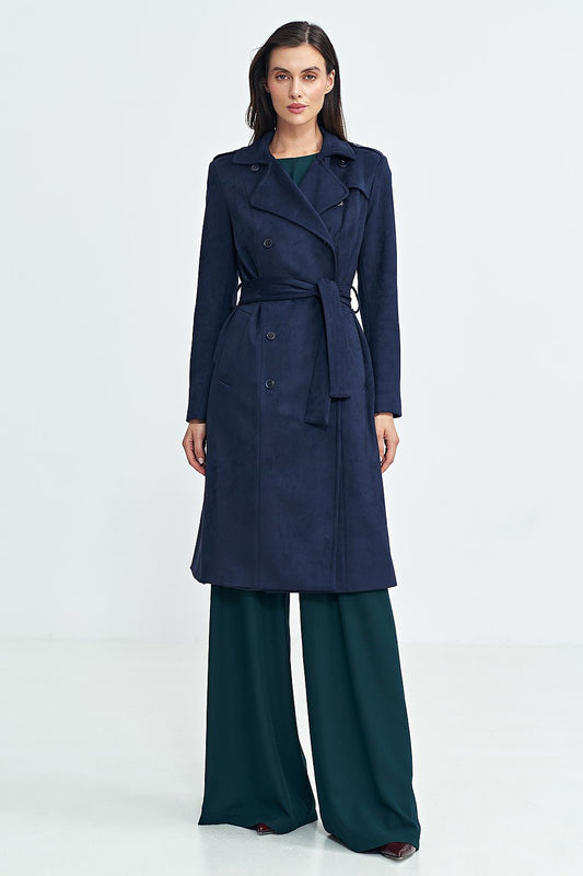 Elegant Nubuck Over-the-Knee Coat by Nife with Belt and Military Accents, showcasing luxurious texture and style.