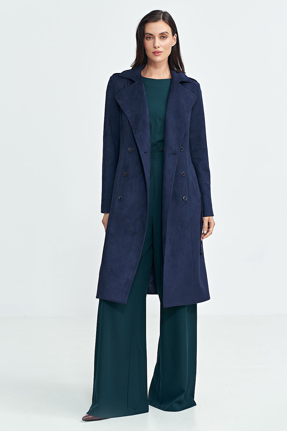 Viewed from the back, the Nife Elegant Nubuck Over-the-Knee Coat with Belt, illustrating its graceful lines and refined apparel.
