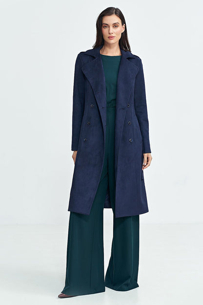Viewed from the back, the Nife Elegant Nubuck Over-the-Knee Coat with Belt, illustrating its graceful lines and refined apparel.
