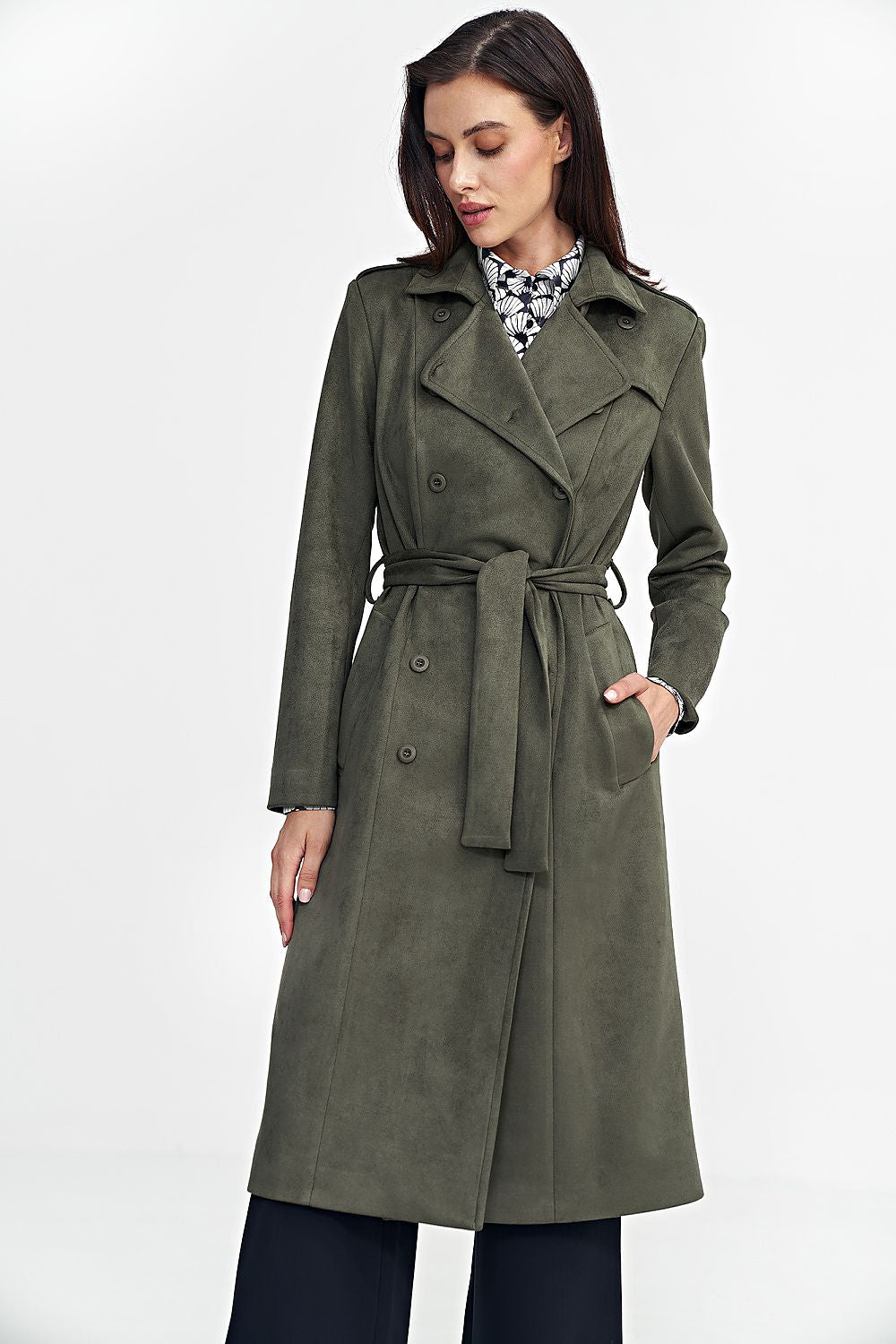 Elegant Nubuck Over-the-Knee Coat with Belt and Military Accents by Nife in exquisite detail, showcasing its luxurious softness and stylish design.