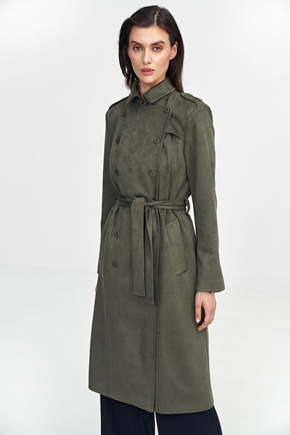 Full view of Nife's sophisticated Nubuck Over-the-Knee Coat styled with a belt to accentuate the waist, ideal for colder days.