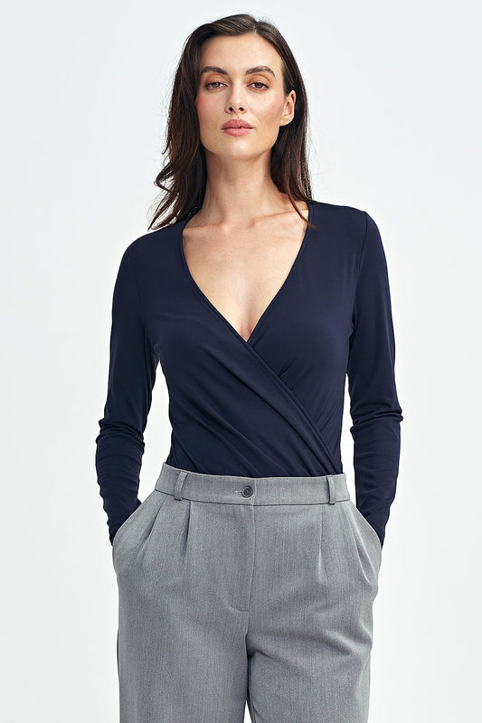Elegant Nife shapewear bodysuit featuring an envelope neckline and slim sleeves, available in sizes EU 36-42, perfect for a chic and comfortable fit.