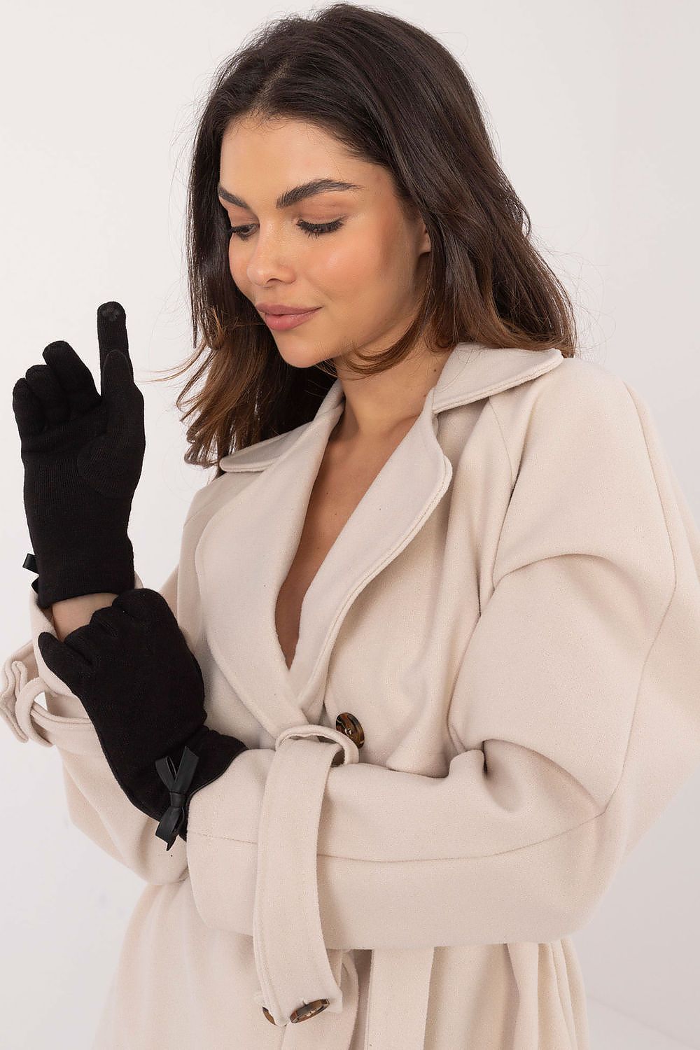 Stylish AT women's gloves made from a blend of cotton, spandex, and polyester, designed with embroidered flower on index finger for touchscreen use.