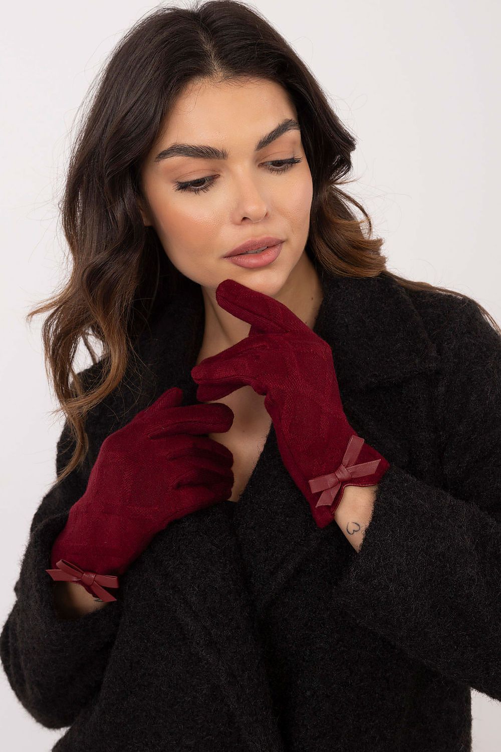 Luxury women's gloves with touchscreen capabilities by AT, designed with decorative floral embroidery and warm fabric.