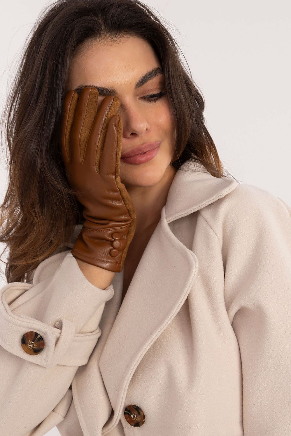 Elegant women's insulated gloves by AT in eco-leather, featuring a decorative floral touch screen index finger.