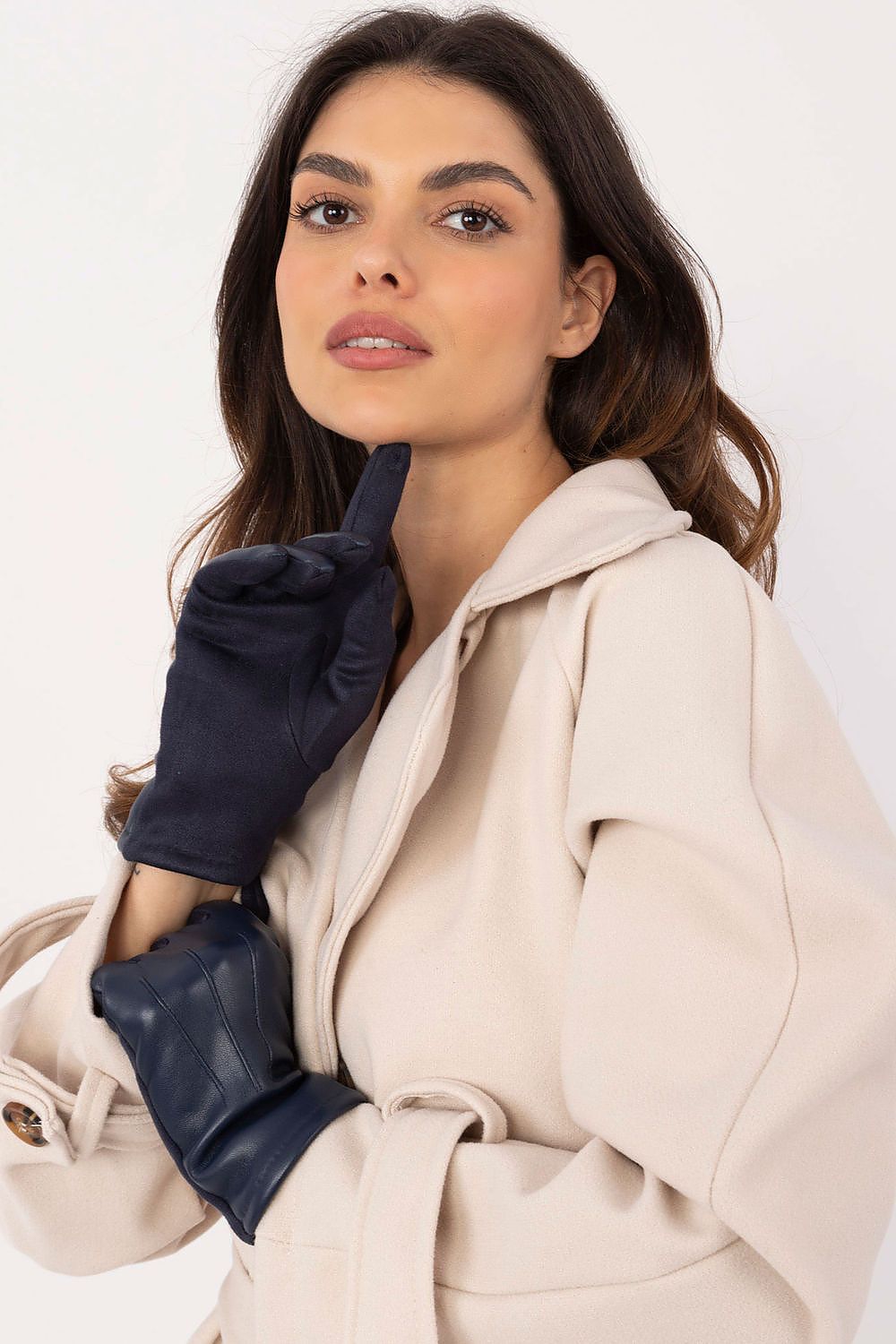 Close-up of AT's luxurious insulated gloves with eco-leather and floral embroidery, perfect for modern elegance.