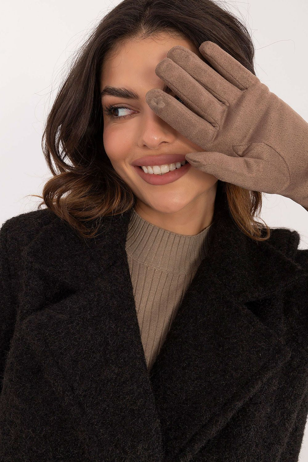 Chic women's insulated gloves from AT, showcasing eco-leather and exquisite flower stitching to combine fashion with tech convenience.