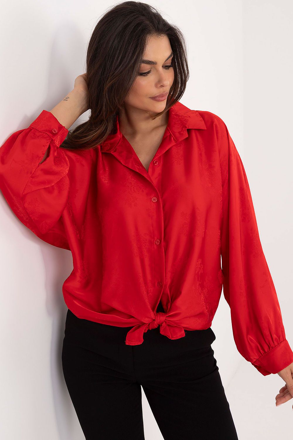Elegant long sleeve shirt by Italy Moda featuring a delicate embroidered floral pattern, classic collar, and adjustable fit, perfect for versatile styling and sophisticated occasions.