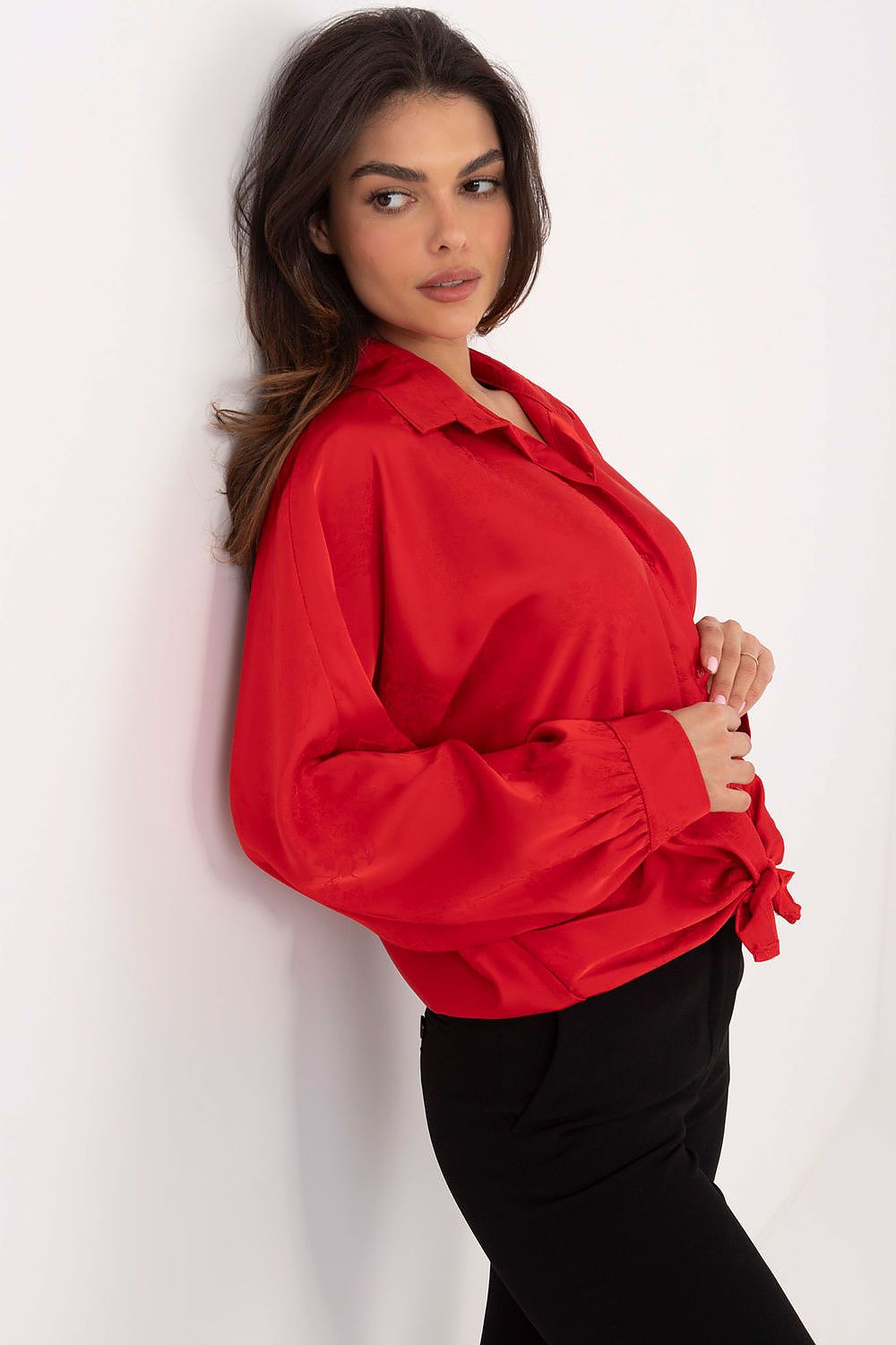 Luxurious Italy Moda long sleeve shirt showcasing exquisite detailing, including a binding at the bottom for waist accentuation and romantic buffet sleeves, ideal for modern women's wardrobes.