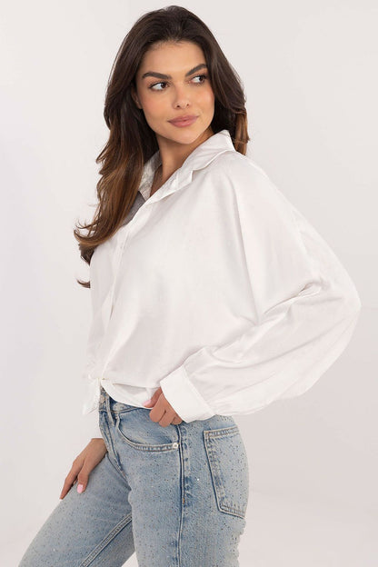 Front view of Italy Moda's elegant long sleeve shirt featuring a classic collar, adjustable binding at the bottom, perfect for a sophisticated wardrobe.