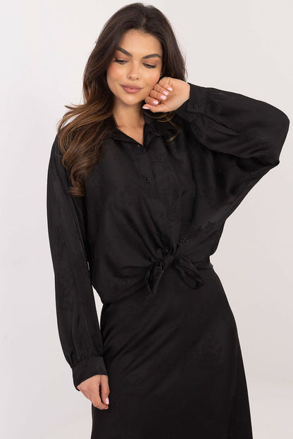Back view of Italy Moda's elegant long sleeve shirt with romantic buffet sleeves, showcasing its impeccable tailoring and luxurious fit for women.