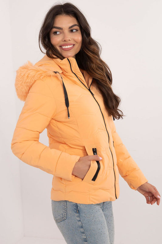Chic short quilted jacket for women by Factory Price, featuring a luxurious hood and practical zippered pockets, ideal for cold weather fashion.