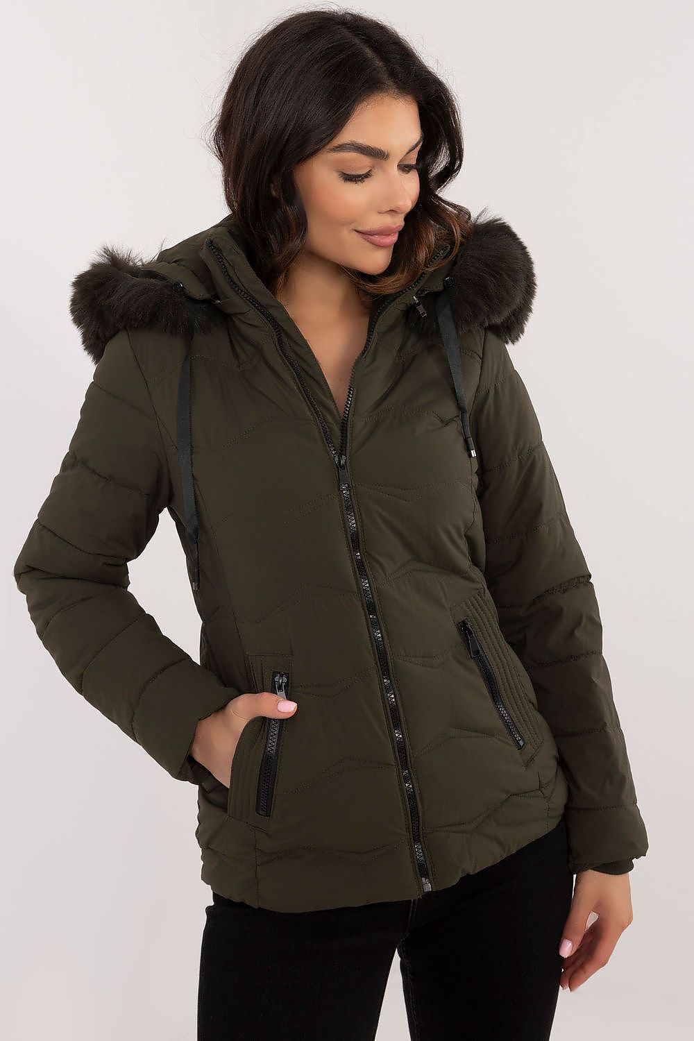 Sophisticated women's warm quilted jacket with hood by Factory Price, showcasing a tailored fit and versatile style for cold weather elegance.