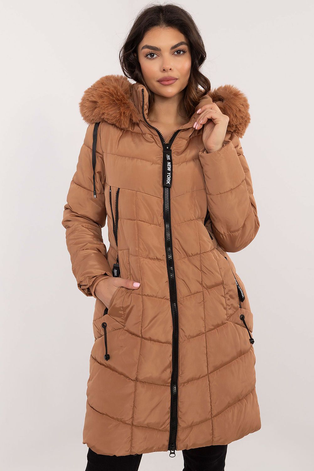Luxury knee-length quilted jacket with detachable hood and fur, made by Factory Price, perfect for colder days.