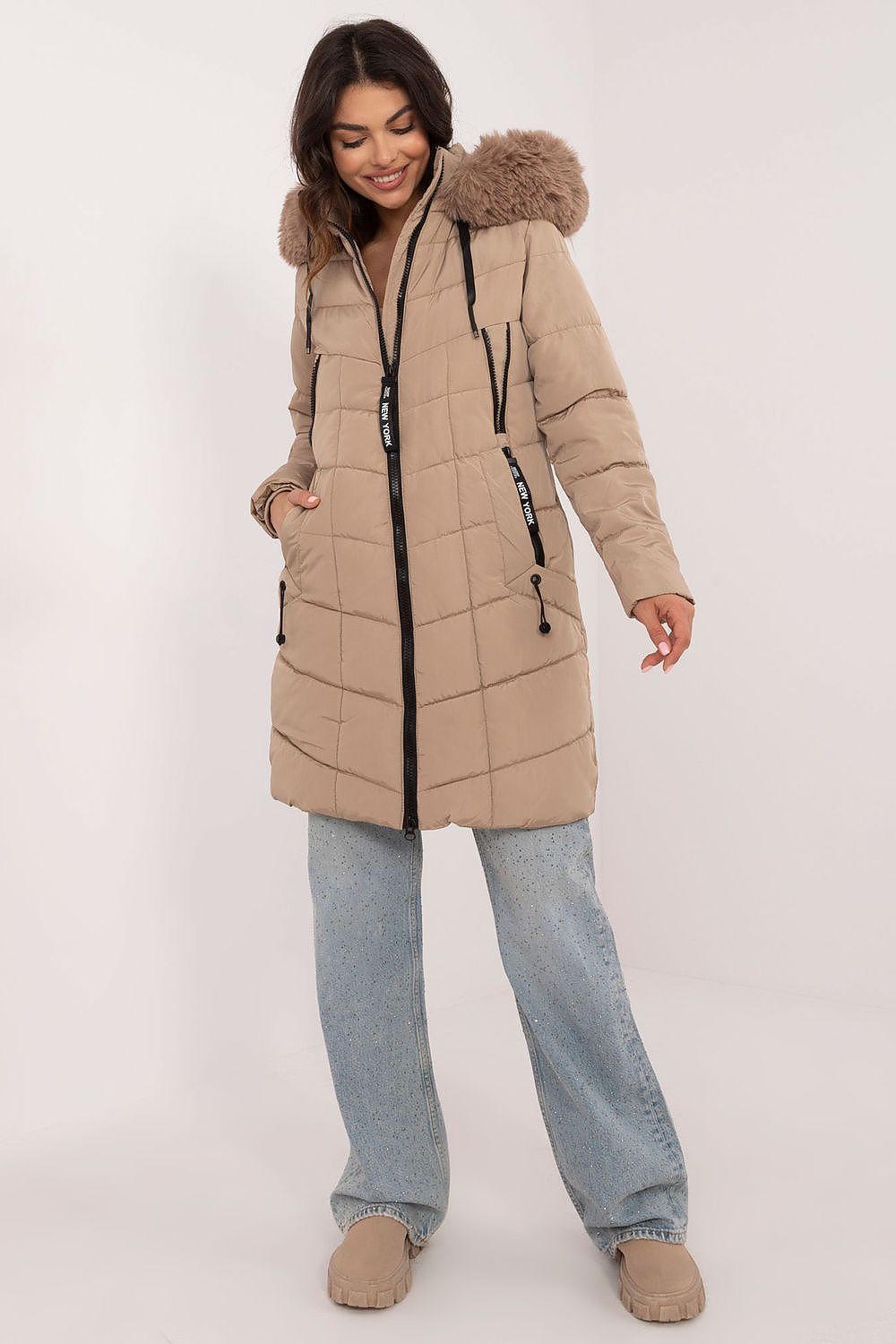 Front view of luxury quilted knee-length jacket with detachable fur hood, crafted by Factory Price for stylish winter warmth.