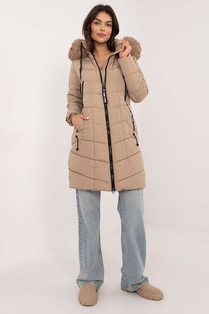 Side view of Factory Price luxury knee-length jacket with detachable hood and fur, showcasing its elegant quilted design.