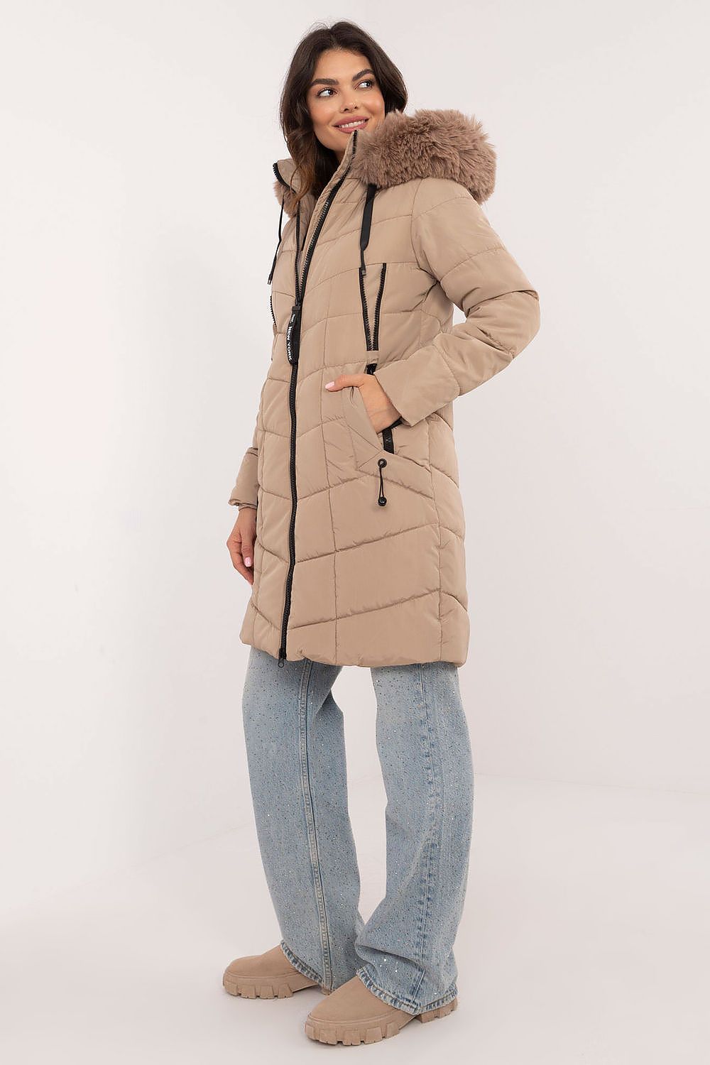 Back view of luxury quilted knee-length jacket designed by Factory Price, featuring a detachable hood for versatile styling.