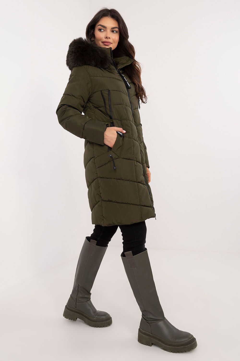 Luxury quilted knee-length jacket with detachable hood and fur by Factory Price, showcasing premium craftsmanship for stylish cold weather wear.