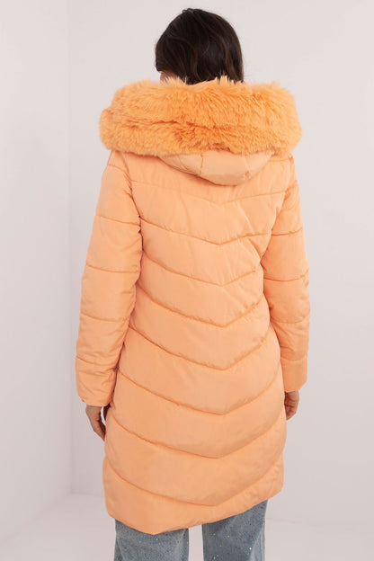 Back view of the luxury quilted knee-length jacket by Factory Price, highlighting the elegant style and adaptability of the detachable fur hood.