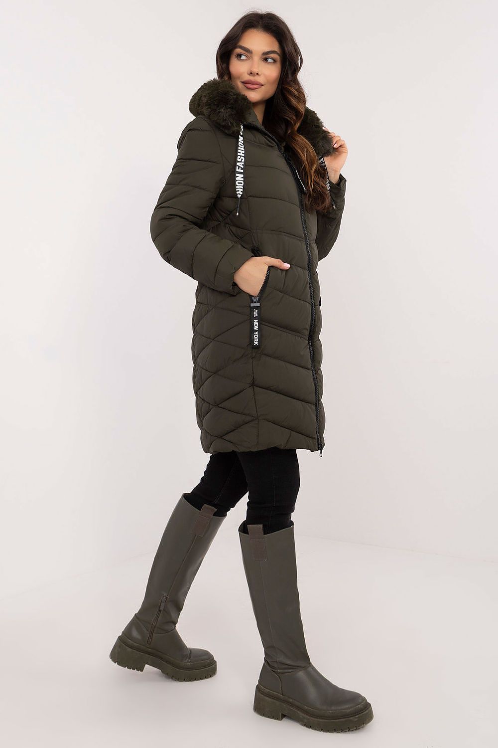 Elegant quilted jacket designed for stylish cold-weather wear, featuring a detachable fur hood, by Factory Price.