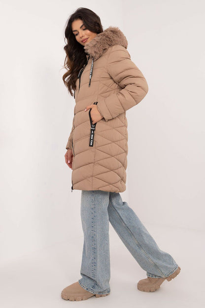 Chic knee-length quilted jacket with an adjustable hood and side zippered pockets, available from Factory Price.