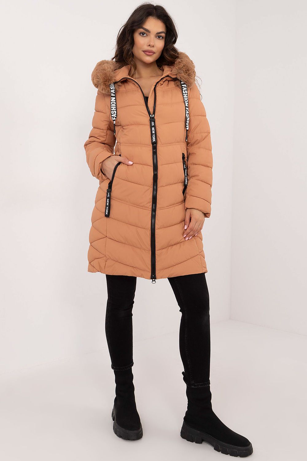 High-quality polyester luxury quilted jacket by Factory Price, showcasing a fashionable knee-length design with an integrated hood.