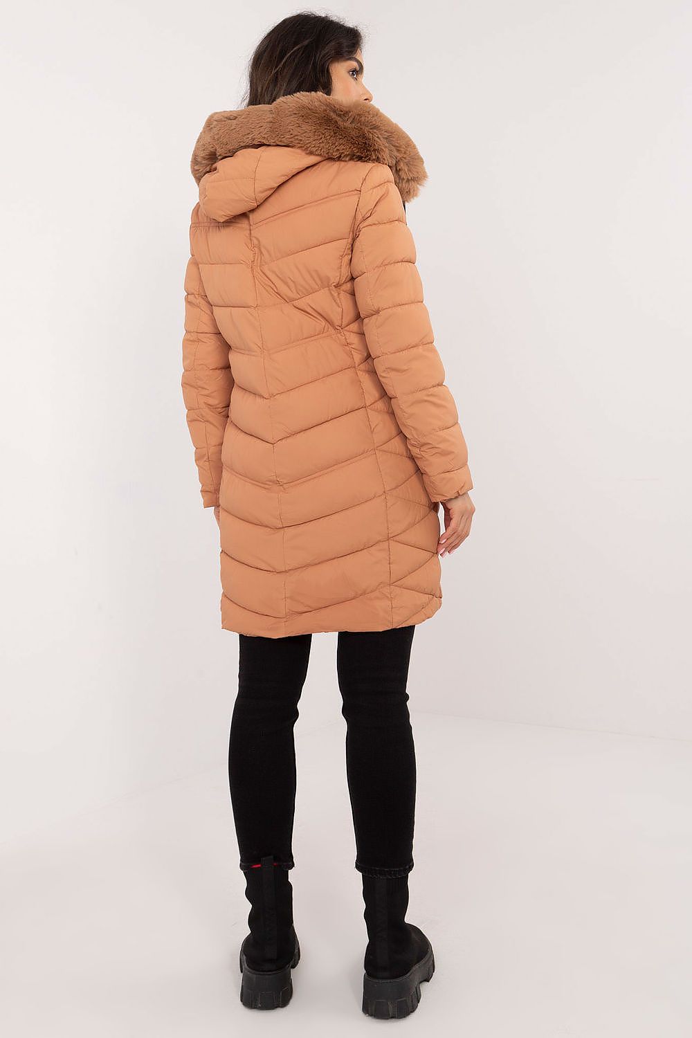 Elegant quilted jacket from Factory Price, designed with detachable fur hood and practical side zippered pockets for winter versatility.
