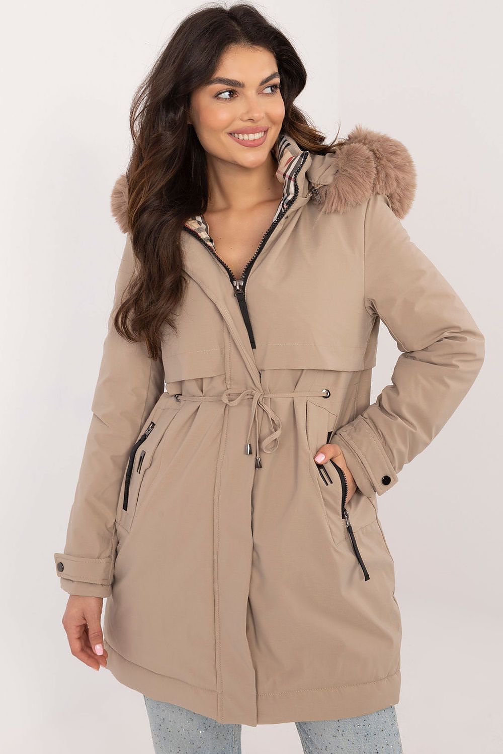 Luxury quilted jacket with detachable fur hood from Factory Price, showcasing elegant zipper pockets and a stylish waist belt.