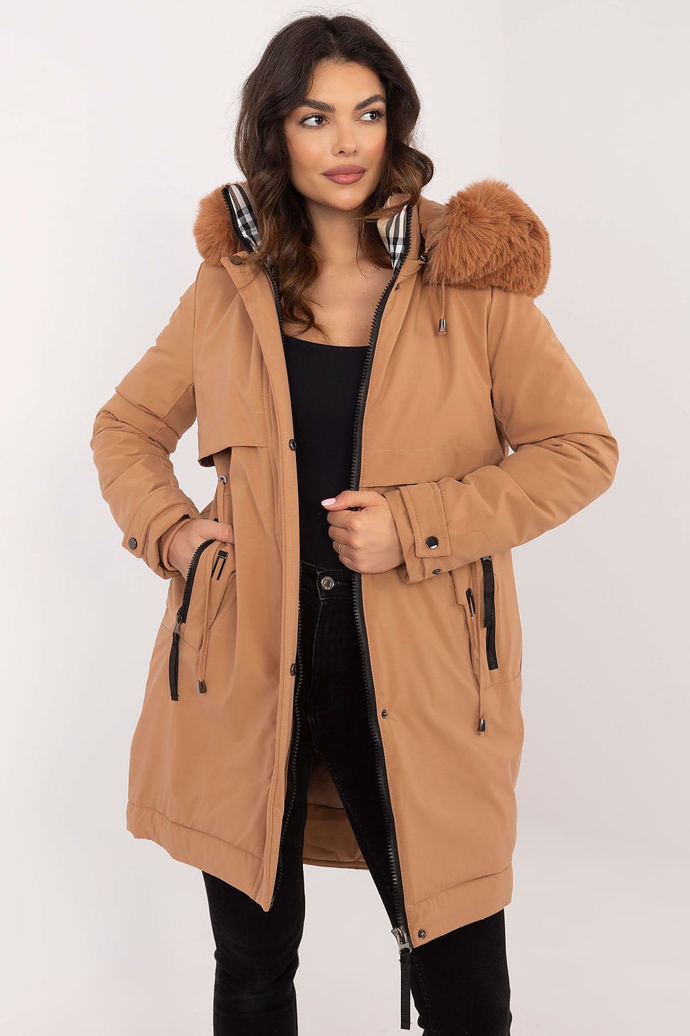 Luxury quilted jacket with detachable fur hood and waist belt by Factory Price, perfect for winter fashion.