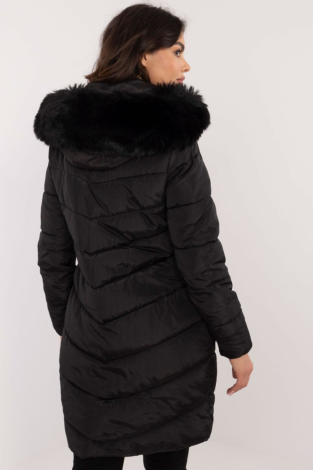 Luxury knee-length quilted jacket with detachable hood and fur, from Factory Price, perfect for cold weather.