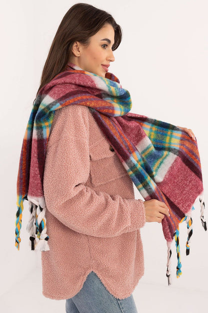 Elegant 182cm polyester scarf by AT featuring a stylish check pattern and decorative tassels, perfect for winter fashion.