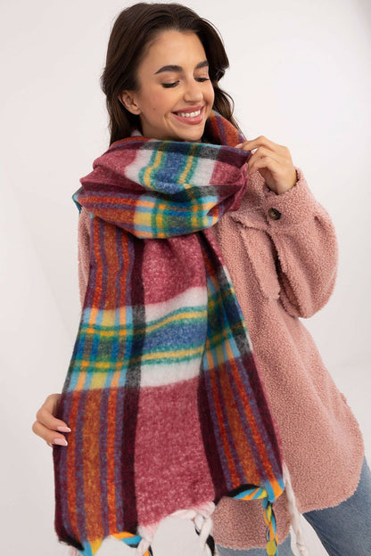 Model showcasing the elegant 182cm check pattern polyester scarf from AT, adding a touch of sophistication to winter outfits with decorative tassels.