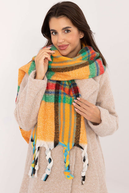 Luxury 182 cm long polyester scarf from AT, showcasing a sophisticated check pattern and chic tassels for winter fashion.