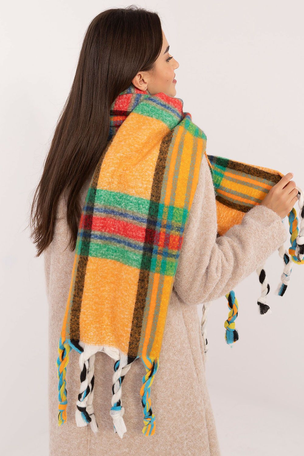 Stylish 182 cm check pattern scarf by AT, crafted from high-quality polyester with decorative tassels, ideal for winter layering.