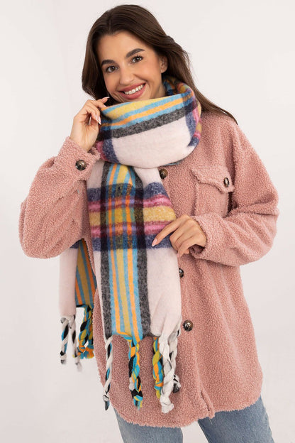 Chic winter accessory from AT, this 182 cm check pattern polyester scarf with tassels enhances any cold-weather outfit elegantly.