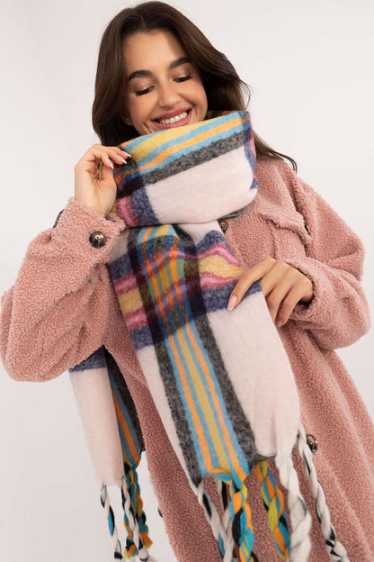 Stylish 182cm polyester scarf in check design with eye-catching tassels, designed by AT to elevate your winter wardrobe.