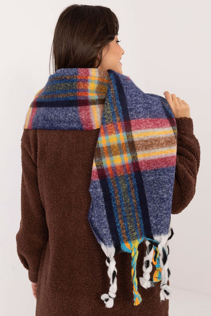Elegant 182 cm check pattern polyester scarf with decorative tassels by AT, perfect for winter styling.