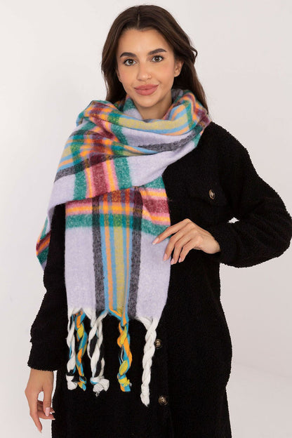 Chic and stylish 182 cm polyester scarf with a check design and tassels, made by AT for colder weather.