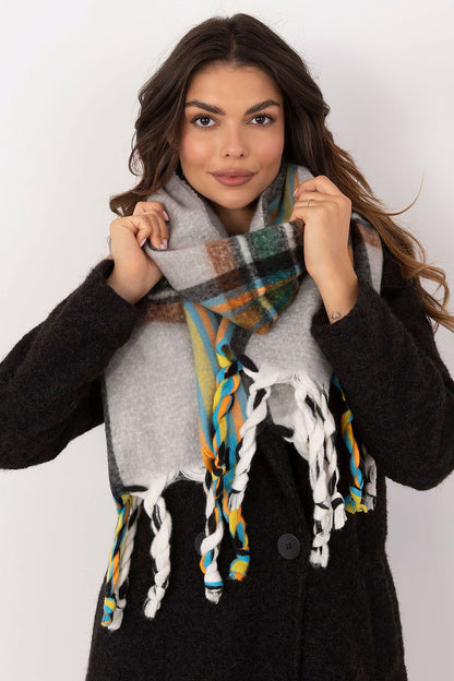 Close-up of the stylish check pattern on an AT polyester scarf, perfect for adding elegance to winter outfits.