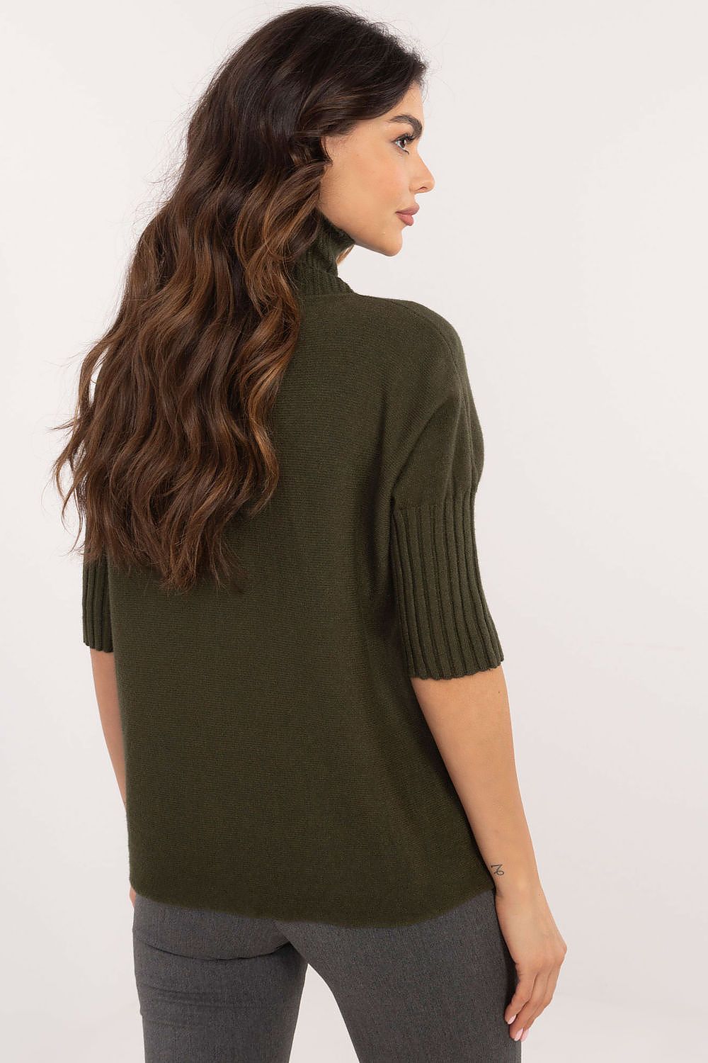 Stylish close-up of BFG's Women's Short Sleeve Turtleneck Sweater, combining comfort and casual elegance in a soft viscose, polyester and nylon blend.
