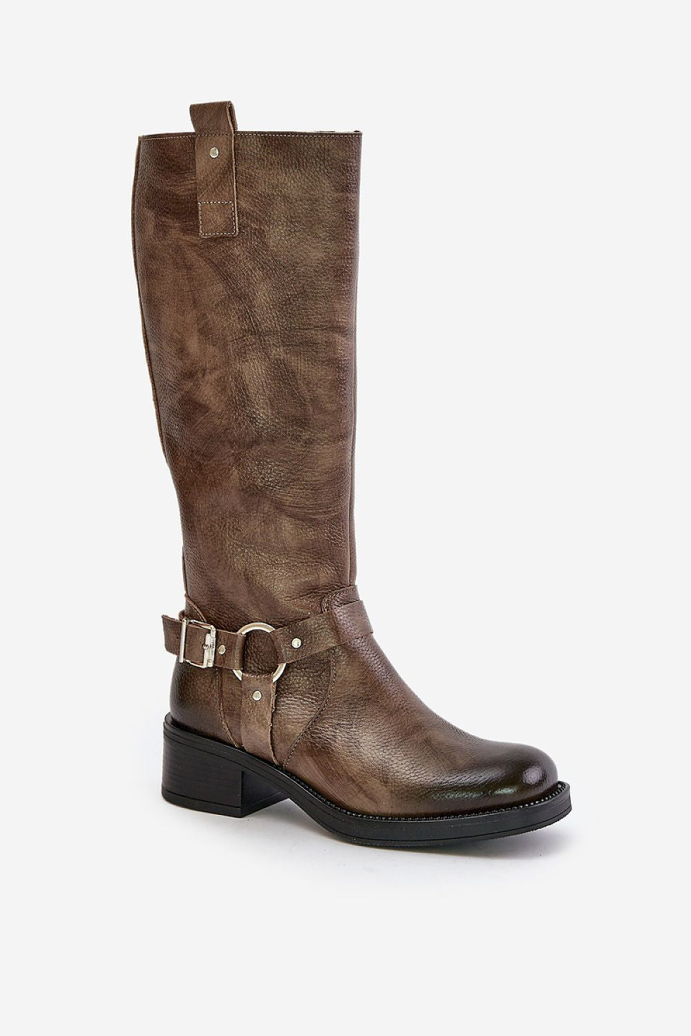 Stylish close-up of women's natural leather zippered thigh-high boots, featuring decorative stripes, from the luxury footwear brand Step in Style.