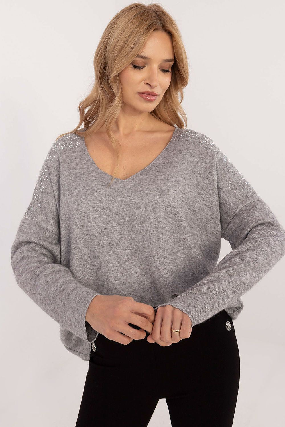 Elegant women's rhinestone embellished sweater by Italy Moda, showcasing a luxurious viscose and spandex blend, perfect for both casual and formal occasions.