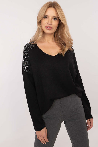 Elegant women's rhinestone embellished sweater by Italy Moda, showcasing a chic round neckline and long sleeves, perfect for both special occasions and everyday wear.
