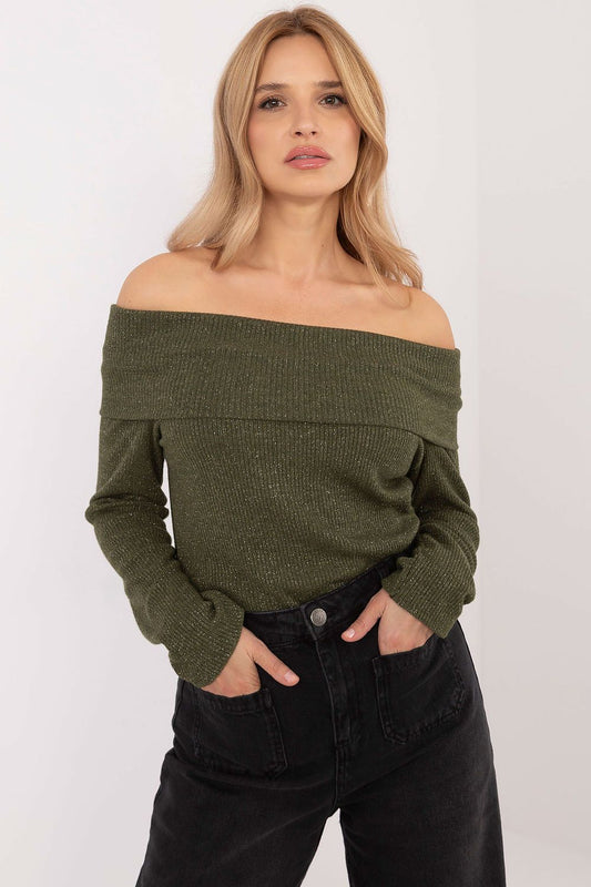 Elegant off-the-shoulder women's sweater by Italy Moda, featuring luxurious ribbed texture and a feminine silhouette, perfect for stylish everyday wear.