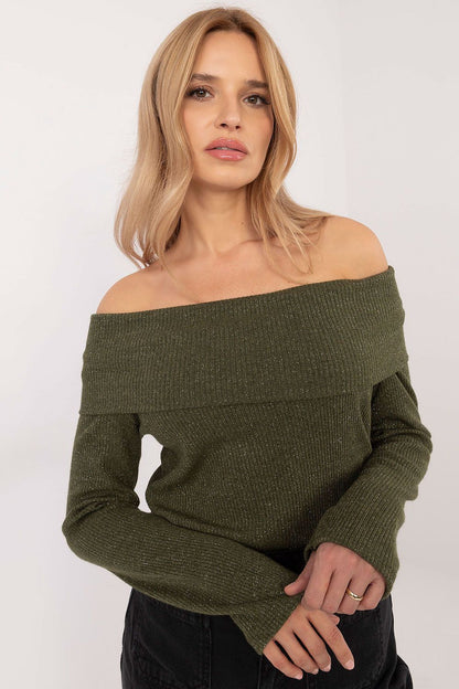 Close-up of Italy Moda's luxurious off-the-shoulder women's sweater, showcasing its high-quality viscose blend and exquisite ribbed texture.