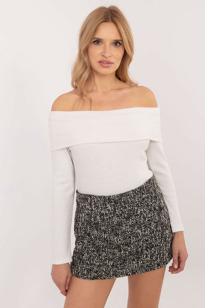 Chic off-the-shoulder women's sweater by Italy Moda, styled with shiny threading for an elegant glow, ideal for work and casual wear.