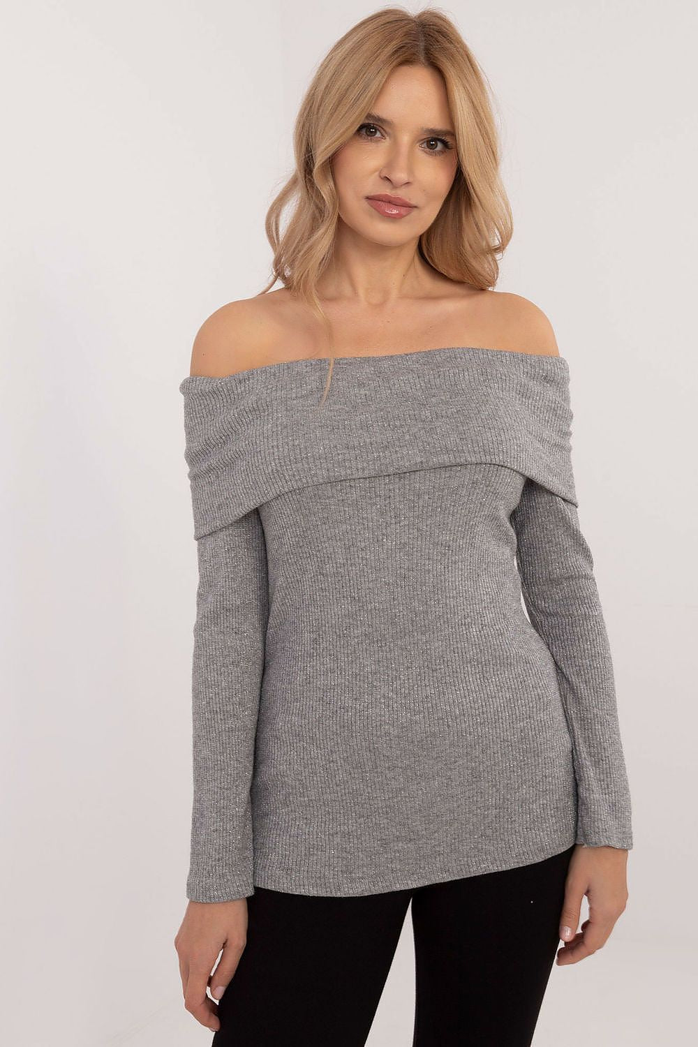 Elegant Off-The-Shoulder Women's Sweater by Italy Moda, showcasing ribbed texture and luxurious fit in EU size 0.
