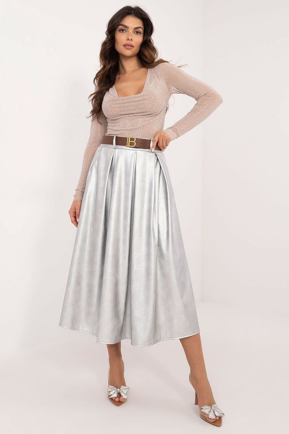 Elegant imitation leather midi skirt by Italy Moda, featuring a stylish buckled waistband and practical slip pockets, perfect for formal and everyday wear.