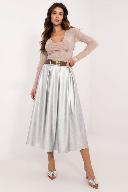 Elegant imitation leather midi skirt by Italy Moda, featuring a stylish buckled waistband and practical slip pockets, perfect for formal and everyday wear.