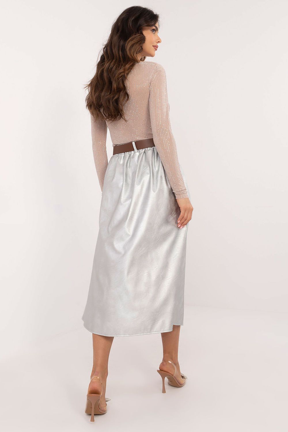 Versatile Italian midi skirt crafted from high-quality imitation leather, designed by Italy Moda with functional pockets and a chic buckled design for a modern look.